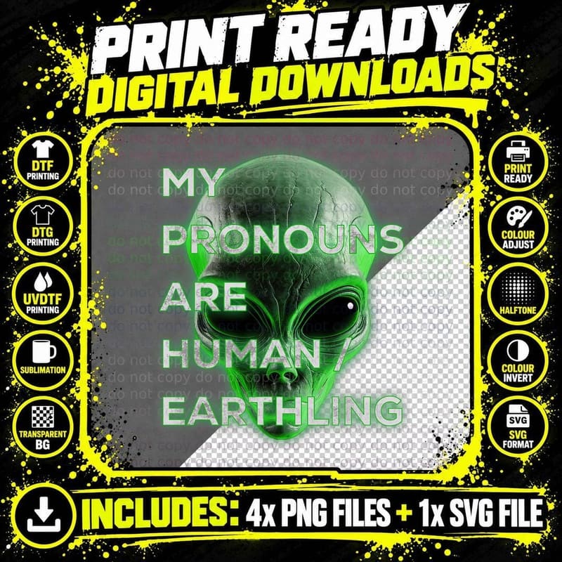 Alien Pronouns, Gender-Neutral Fashion, Non-Binary Pride Png SVG Digital Bundle