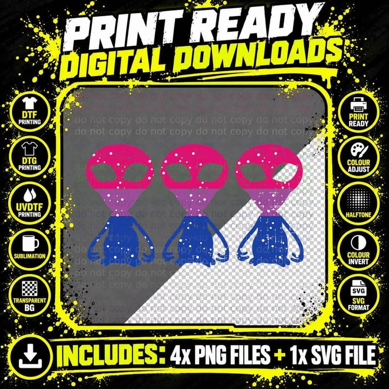 Aliens Bisexual Funny Bi Pride Flag LGBTQ ET Space Men Png SVG Digital Bundle
