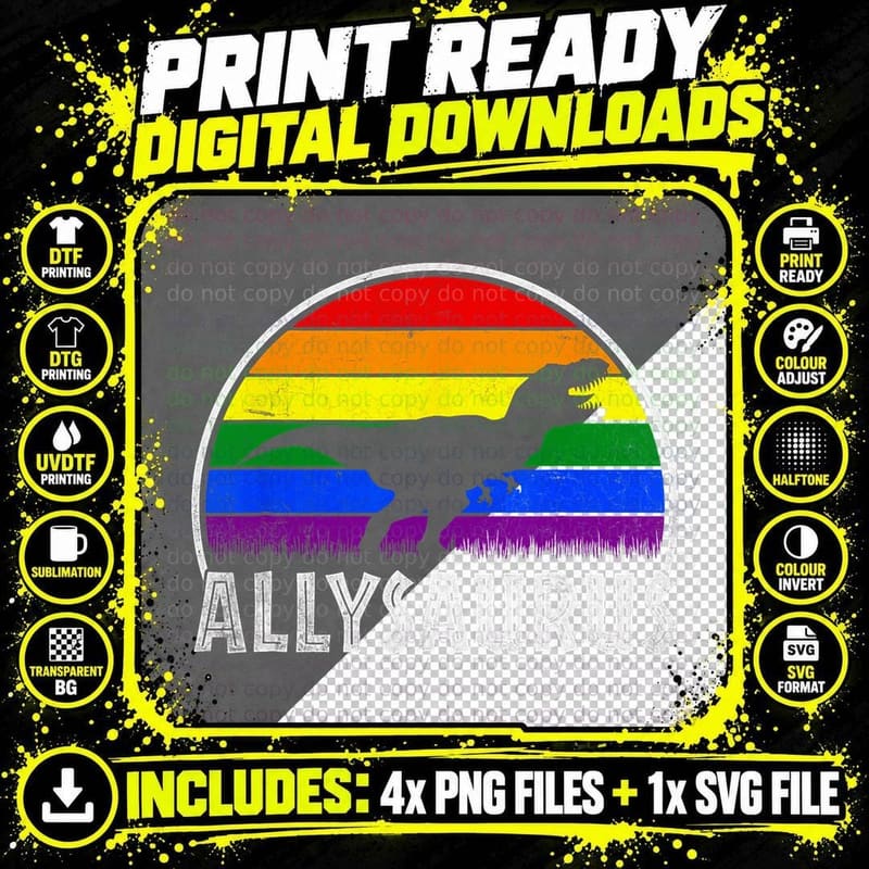 Allysaurus Rex Dinonsaur Rainbow Flag LGBT Pride Ally Png SVG Digital Bundle