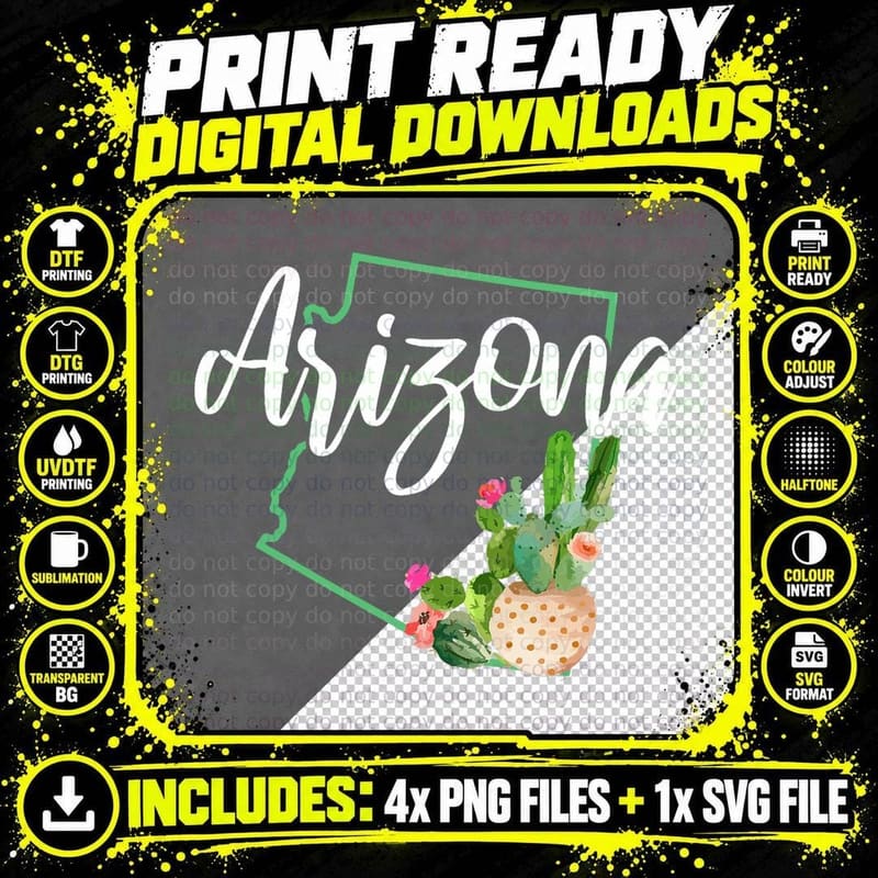 Arizona Pride State Map Cactus Vintage Arizona Png SVG Digital Bundle