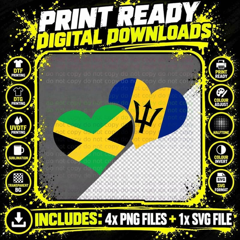 Barbados & Jamaica Hearts Bajan Jamaican Flag Pride Png SVG Digital Bundle