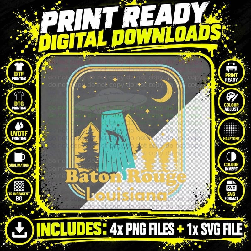 Baton Rouge Louisiana UFO Alien Hunter 80s State Pride Png SVG Digital Bundle