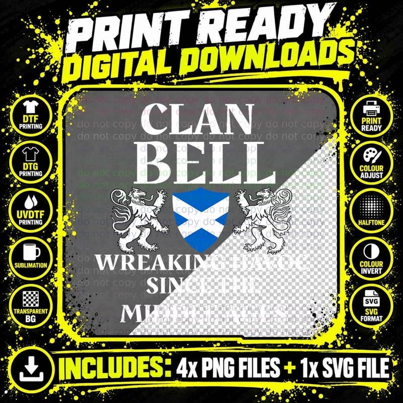 Bell Clan Scottish Family Kilt Tartan Lion Name Png SVG Digital Bundle