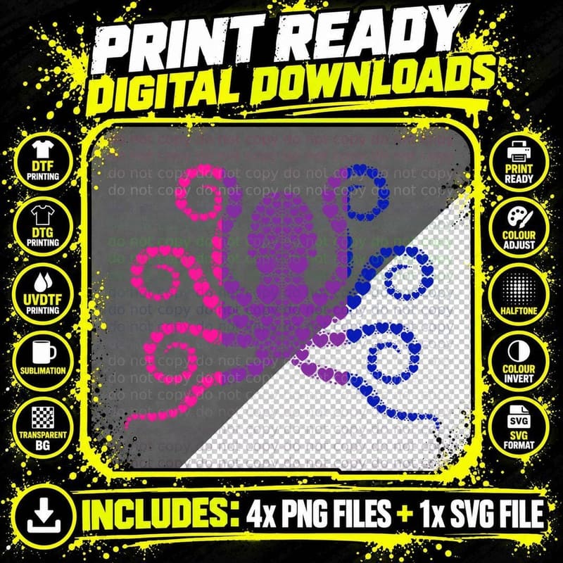 Bisexual Octopus Heart LGBT-Q Cute Subtle Bi Pride Flag Png SVG Digital Bundle