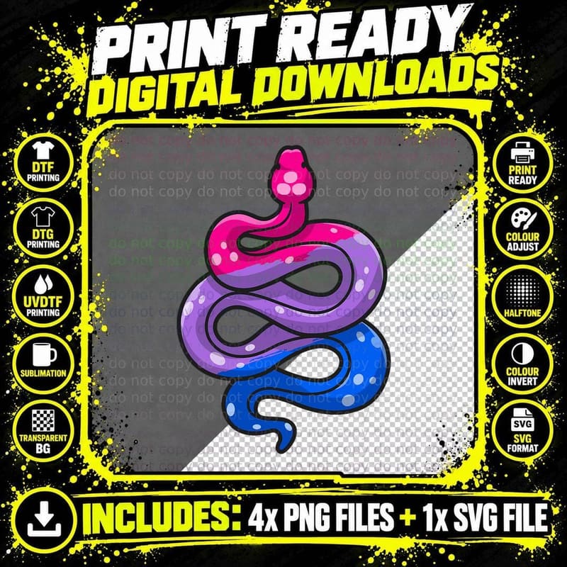 Bisexual Pride Snake Bi Pride Flag Colors LGBT Reptile Png SVG Digital Bundle