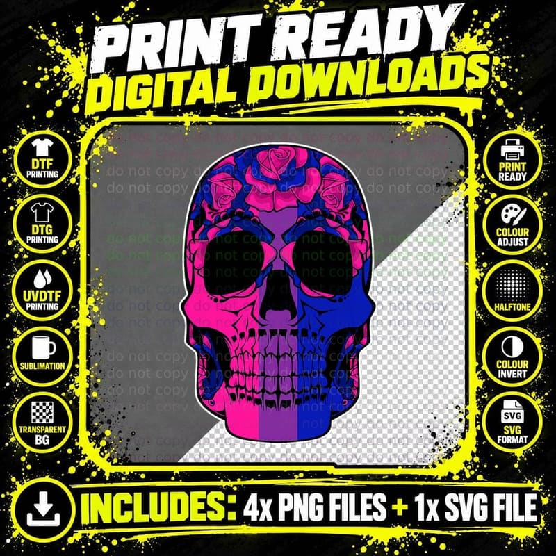 Bisexual Sugar Skull LGBT-Q Cool Subtle Bi Pride Flag Png SVG Digital Bundle