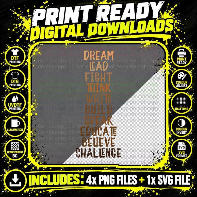 Black History Dream Lead Fight African Pride Men Women Png SVG Digital Bundle