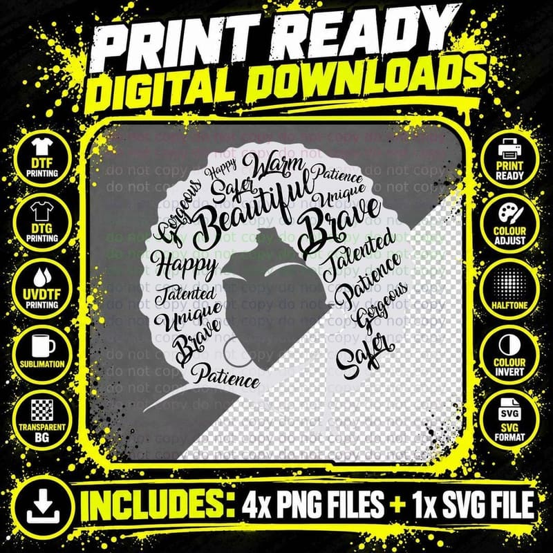 Black History Month Natural Hair Afro Word Art Png SVG Digital Bundle
