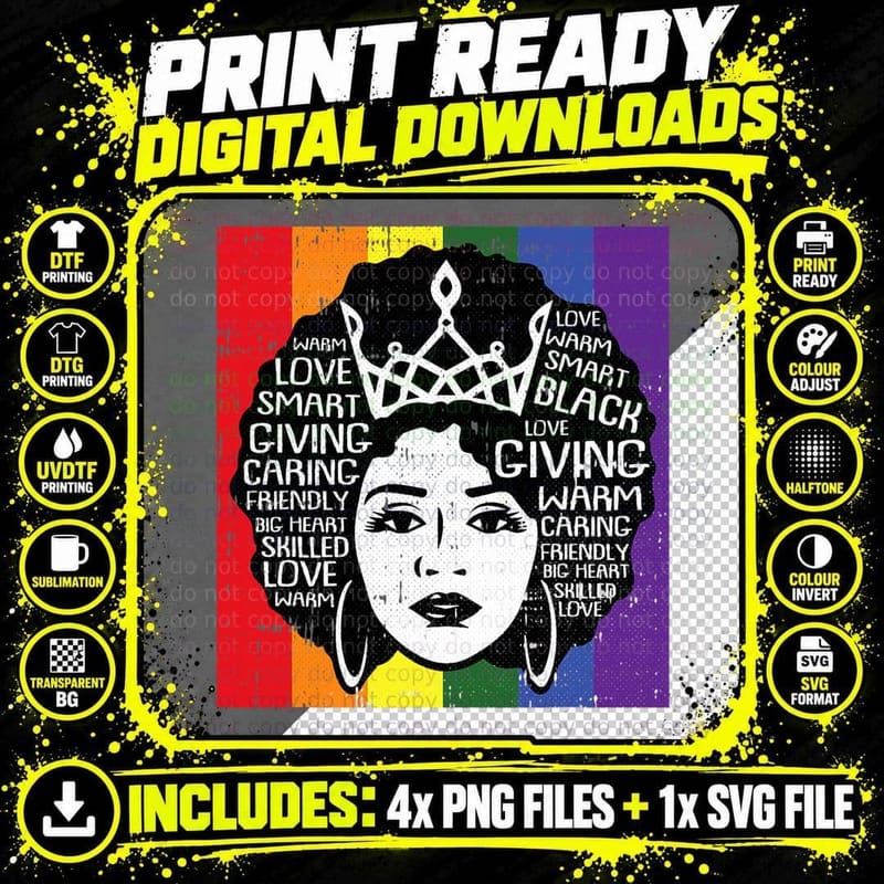 Black Queen Gay Pride Flag Afro Hair LGBT-Q Proud Ally Png SVG Digital Bundle