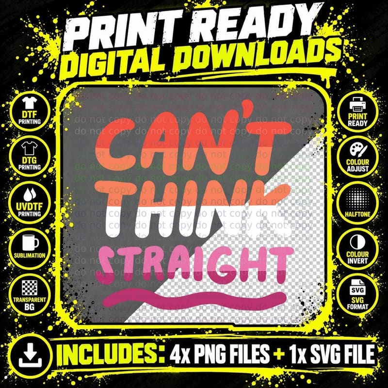 Can't Think Straight Lesbian Orange Pink LGBTQ Pride Png SVG Digital Bundle