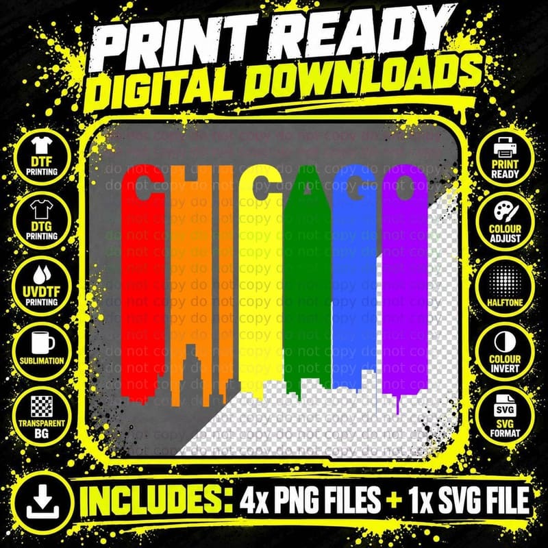 Chicago Illinois LGBTQ Gay Pride Rainbow Skyline Png SVG Digital Bundle