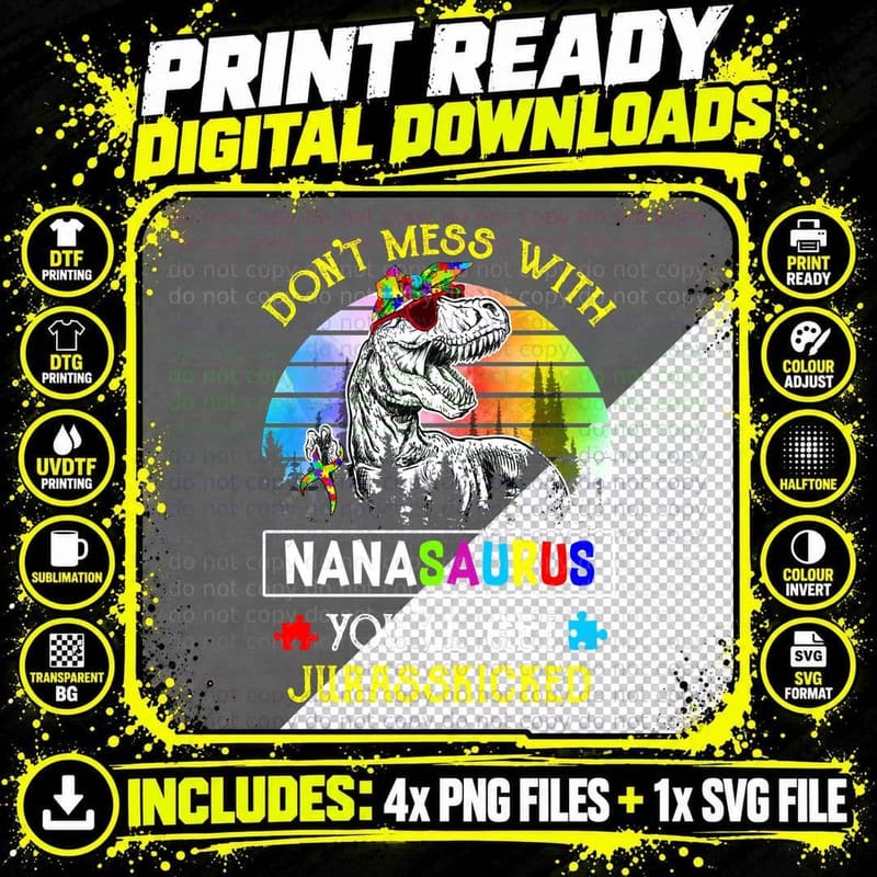 Don't Mess with Nanasaurus Shirt, Bold Colors Png SVG Digital Bundle