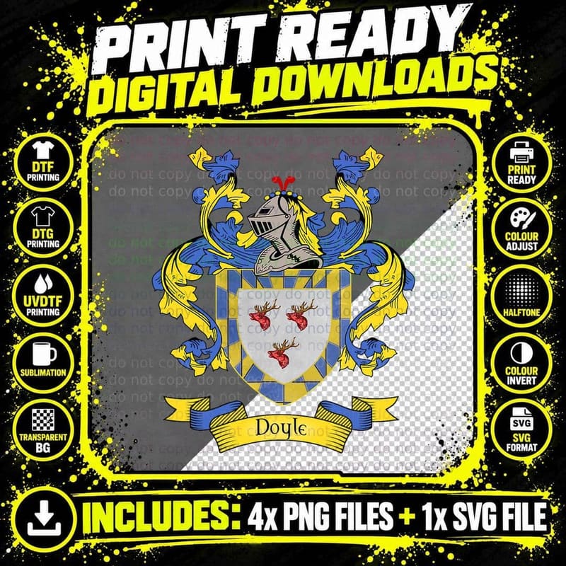 Doyle Coat of Arms Doyle Surname Family Crest Png SVG Digital Bundle