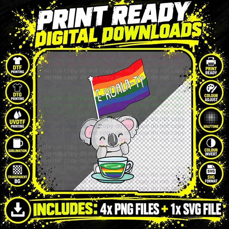 Ekoalaity Gay Pride Animal Pun Humor Rainbow Flag Proud Png SVG Digital Bundle
