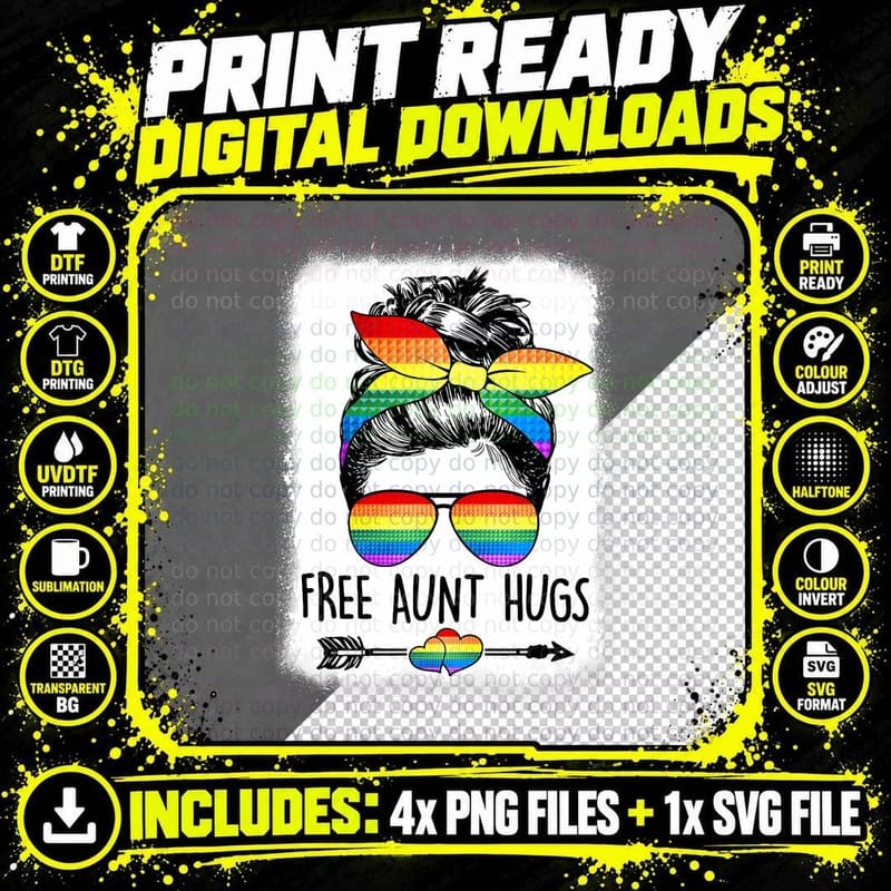 Free Aunt Hugs Messy Bun Rainbow LGBT Gay Pride Rainbow Png SVG Digital Bundle