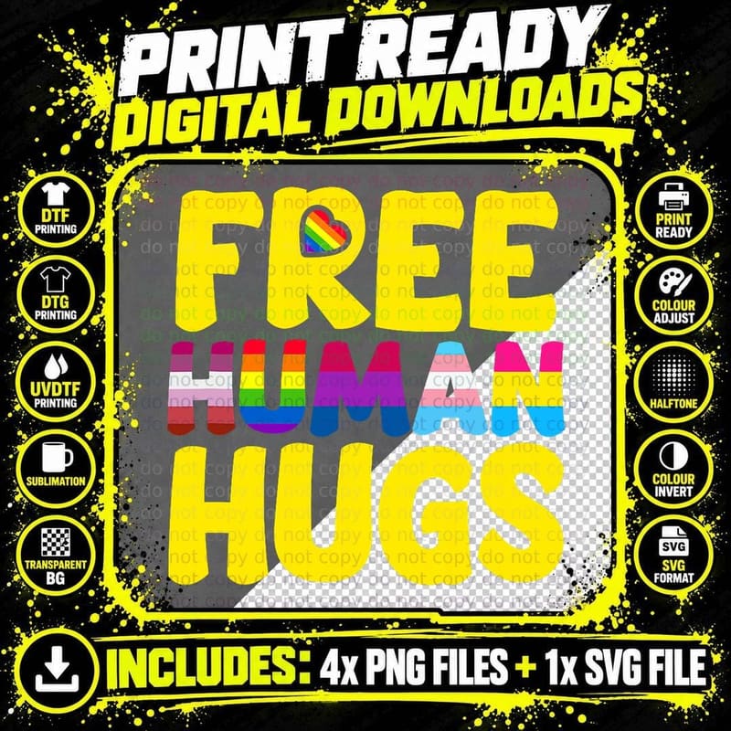 Free Human Hugs LGBT Pride Month, LGBTQ+, Gay Rights Png SVG Digital Bundle