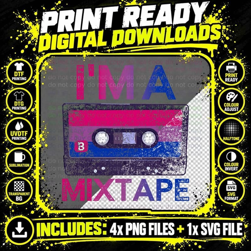 Funny Bisexuality Pride Retro Cassette Bi Gift Bisexual Png SVG Digital Bundle