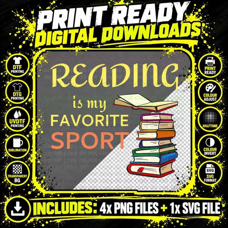 Funny T-Shirt Reading Is My Favorite Sport for Book Png SVG Digital Bundle