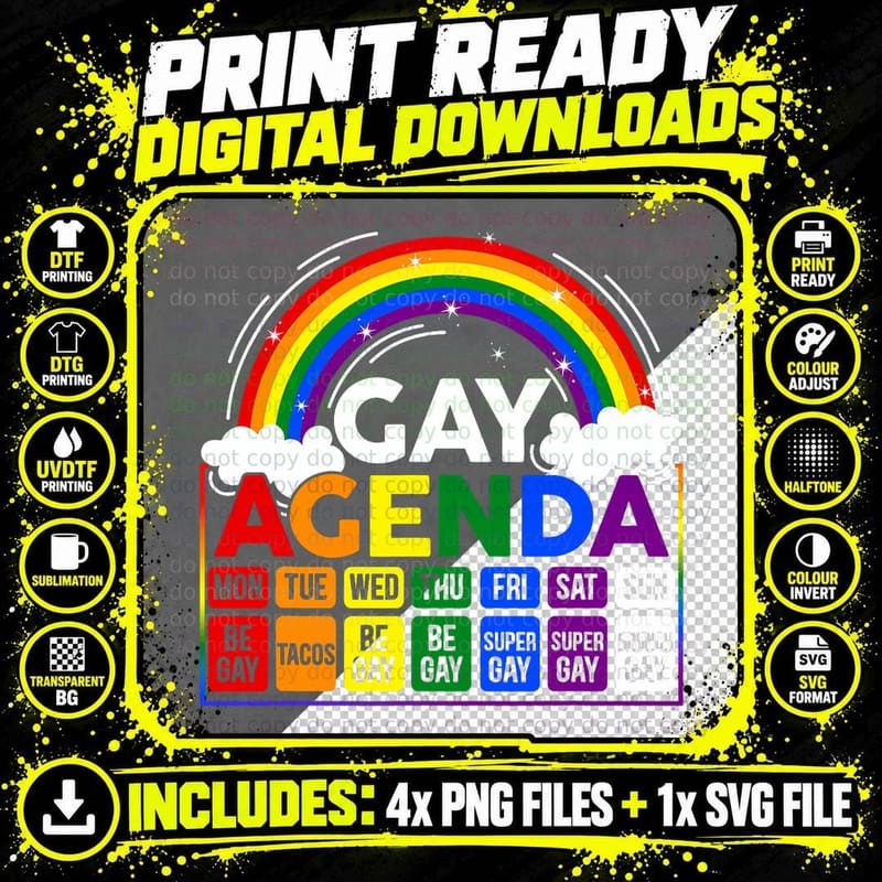 Gay Agenda Weekly Schedule Pride LGBT Funny Rainbow Png SVG Digital Bundle
