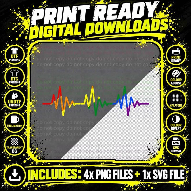 Gay Heartbeat Pride Rainbow Flag LGBT Pride Month Png SVG Digital Bundle
