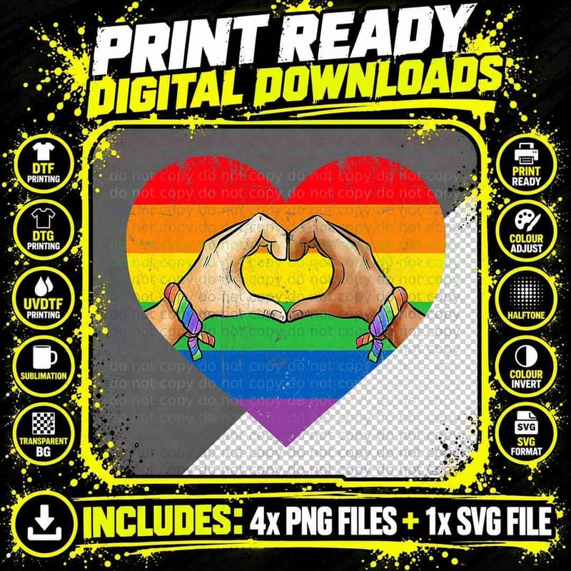 Gay Pride Clothing LGBT Rainbow Flag Heart, LGBTQ+ Png SVG Digital Bundle