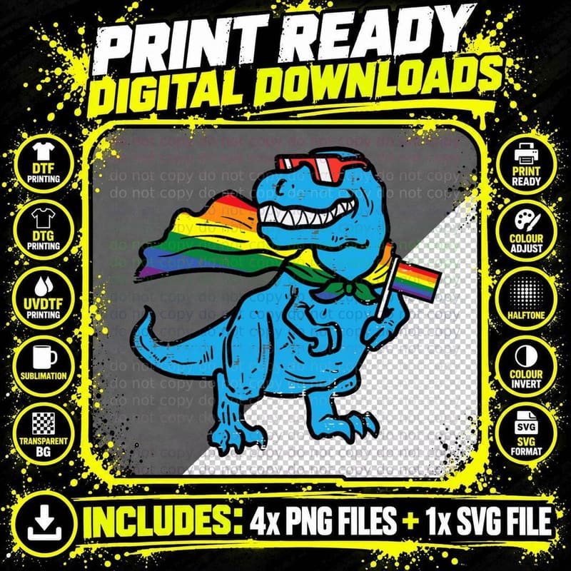 Gay Pride Dino Trex Rainbow Flag LGBT Ally Boys Kids Png SVG Digital Bundle