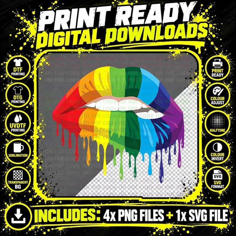 Gay Pride Equality of Rainbow Drip Lip Biting LGBT Png SVG Digital Bundle