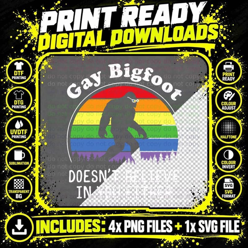 Gay Pride Funny Gay Bigfoot Rainbow Sasquatch Retro Png SVG Digital Bundle