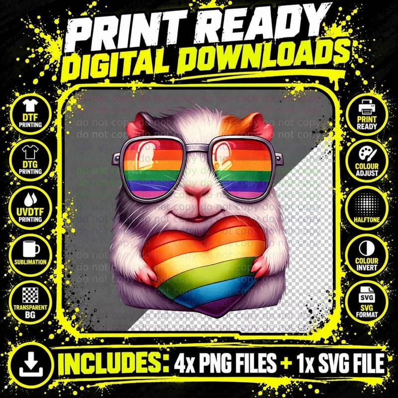 Gay Pride Guinea Pig Heart Rainbow LGBT Women Girls Kids Png SVG Digital Bundle