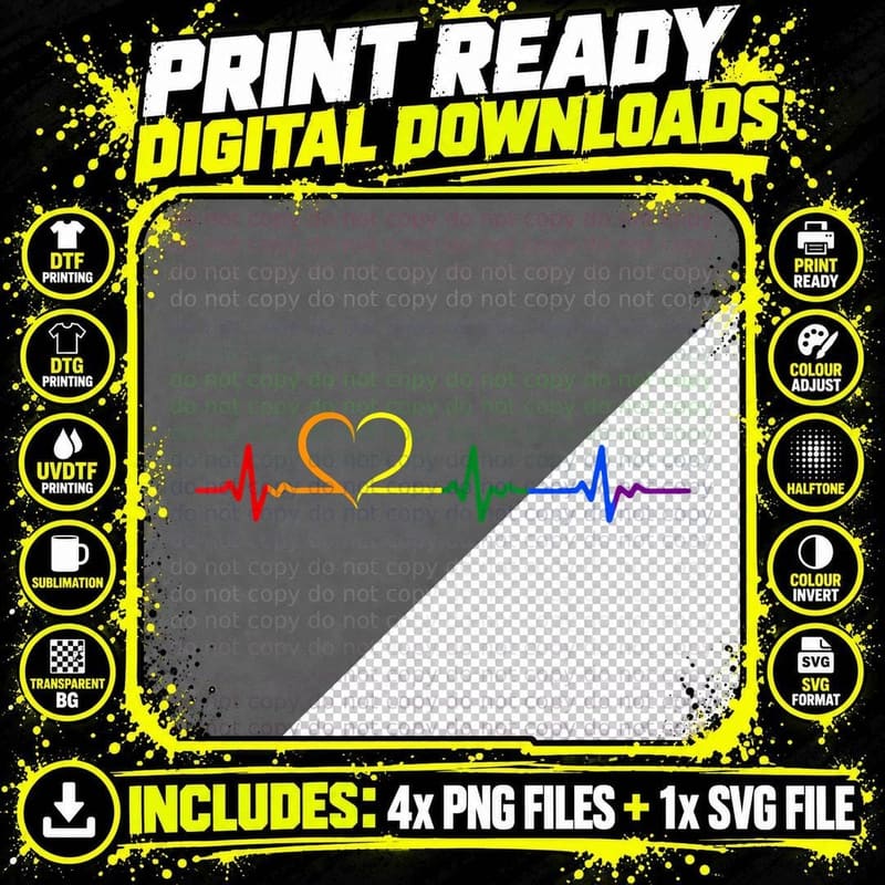 Gay Pride Heartbeat EKG Rainbow Heart CSD LGBT Png SVG Digital Bundle