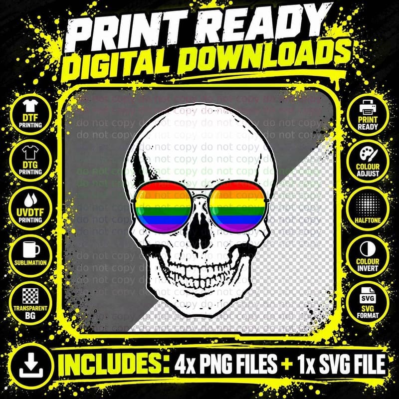 Gay Pride LGBT Skull with Rainbow Sunglasses Png SVG Digital Bundle