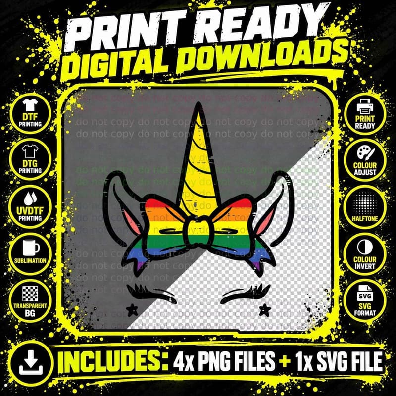 Gay Pride Unicorn Face Head Rainbow Flag LGBTQ Girls Png SVG Digital Bundle