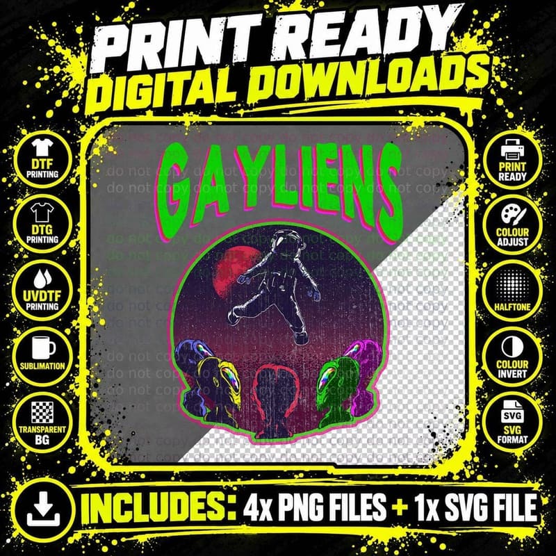Gayliens Gay LGBT Rainbow Space Alien Moon Astronaut Png SVG Digital Bundle
