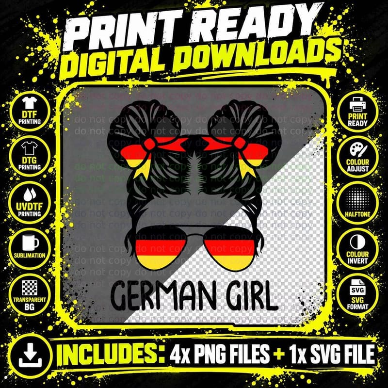 German Girl Messy Bun Germany Pride Patriotic Kids Png SVG Digital Bundle