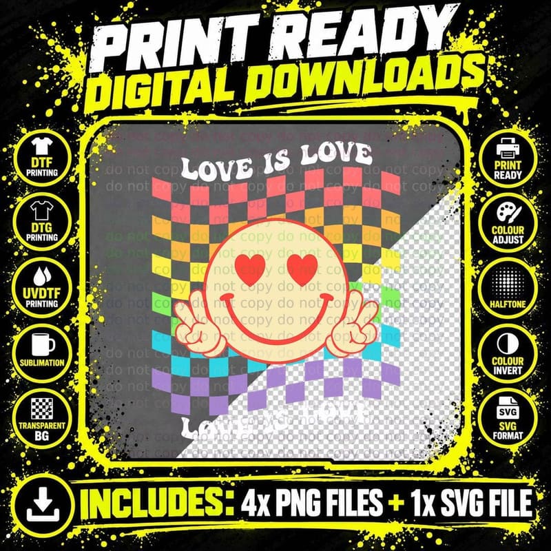 Groovy Love Is Love Hippie Face Rainbow LGBT Gay Ally Png SVG Digital Bundle