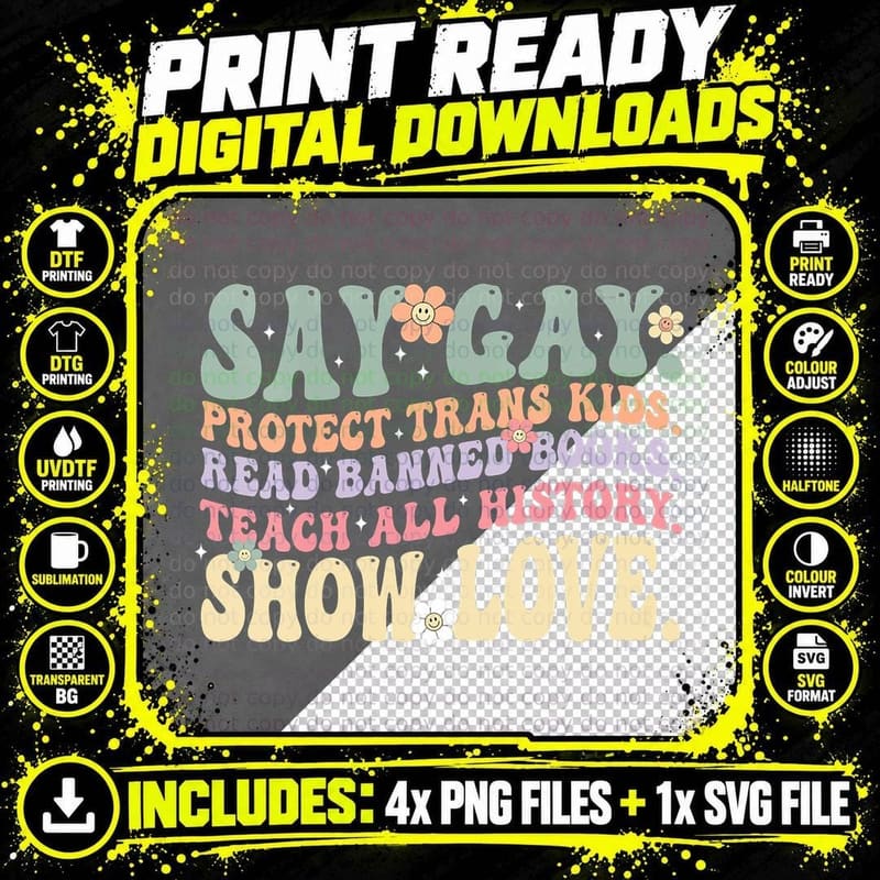 Groovy Say Gay Protect Trans Kids Read Bann Png SVG Digital Bundle