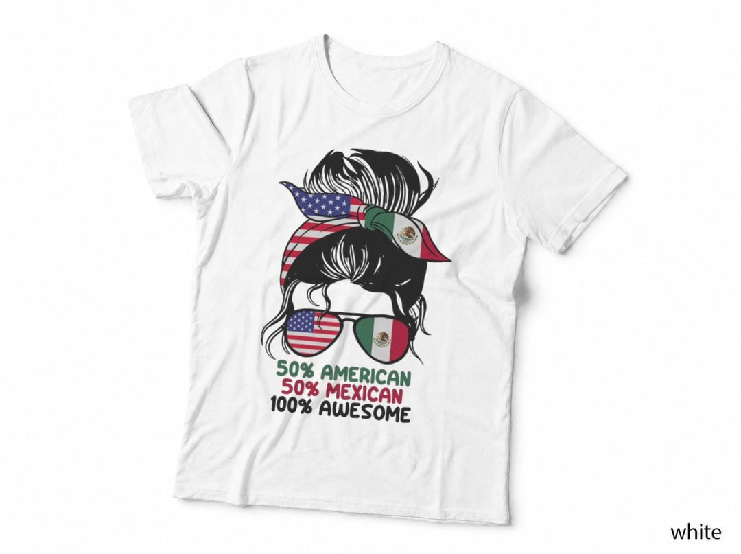 Half American Half Mexican Messy Bun America Mexica Pride T-Shirt