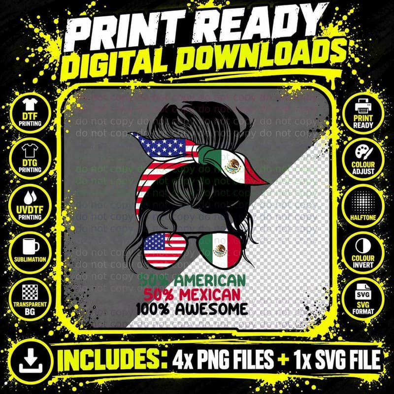Half American Half Mexican Messy Bun America Mexica Png SVG Digital Bundle