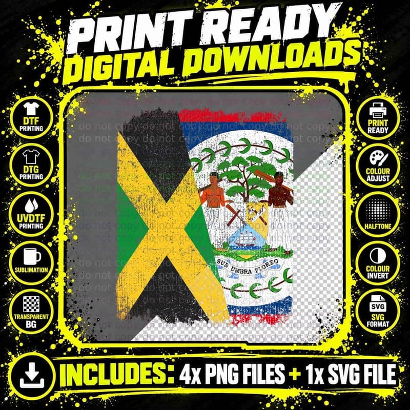 Half Jamaican Half Belizean Flag Heritage Pride Roots Png SVG Digital Bundle