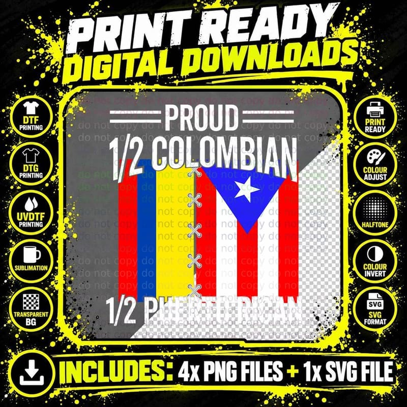 Half Puerto Rican Half Colombian Flag Heritage Pride Png SVG Digital Bundle