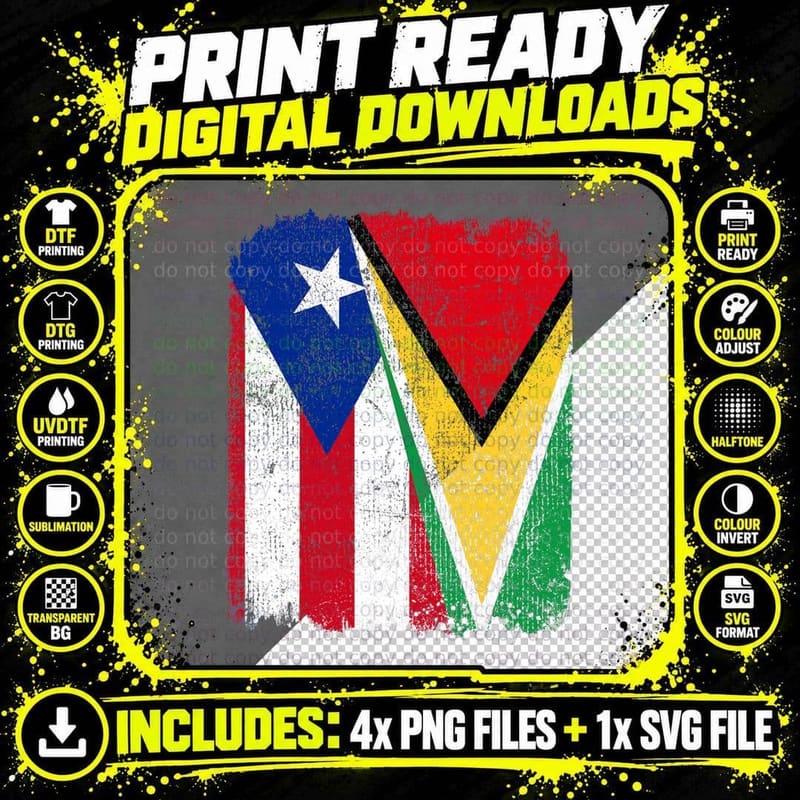 Half Puerto Rican Half Guyanese Flag Heritage Pride Png SVG Digital Bundle