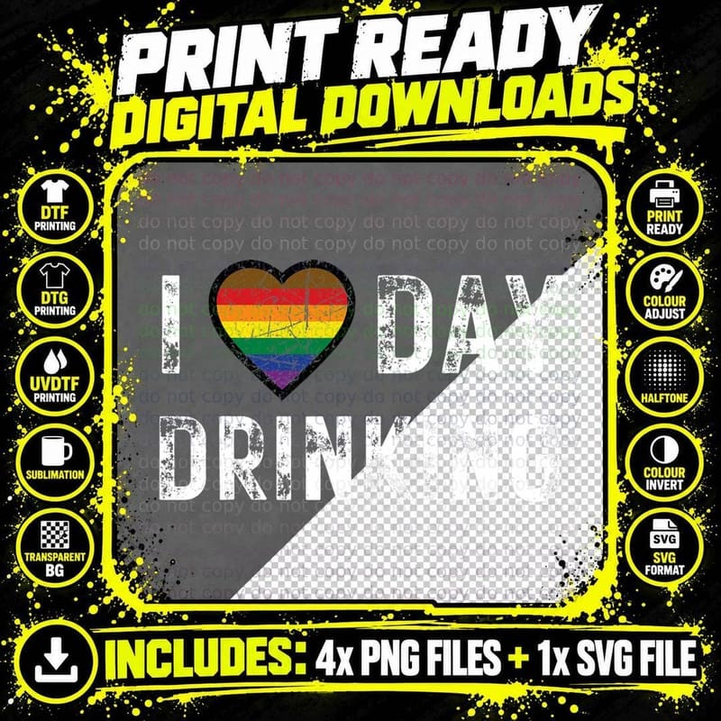 I Love Day Drinking - Pride Flag - LGBTQ+ - Rainbow Png SVG Digital Bundle