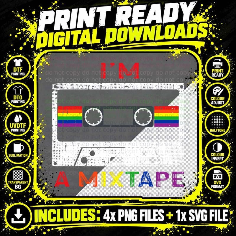 I'm a Mixtape Gay Pride Rainbow Flag LGBTQ Retro LGBT Png SVG Digital Bundle