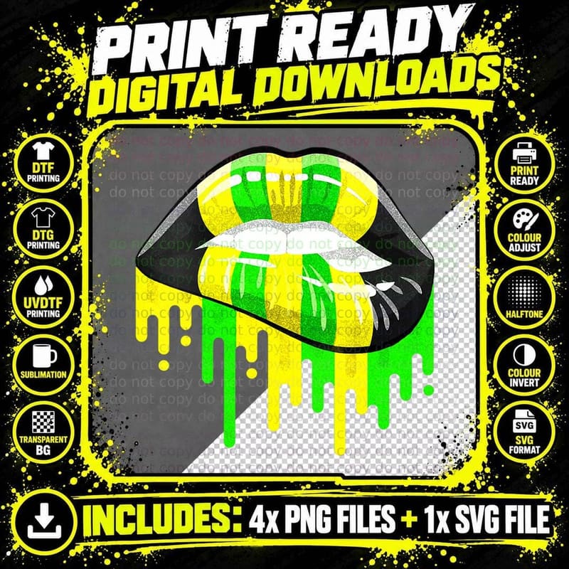 Jamaica Sexy Lips Black Green and Gold Jamaic Png SVG Digital Bundle