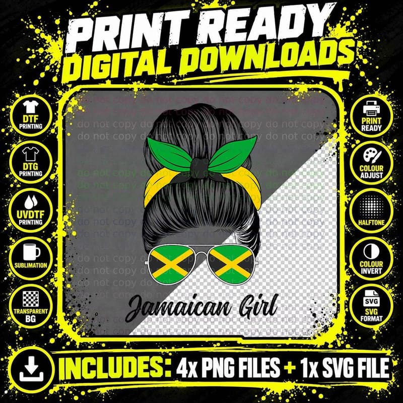 Jamaican Girl Messy Bun Cute Jamaican Flag Pride Women Png SVG Digital Bundle