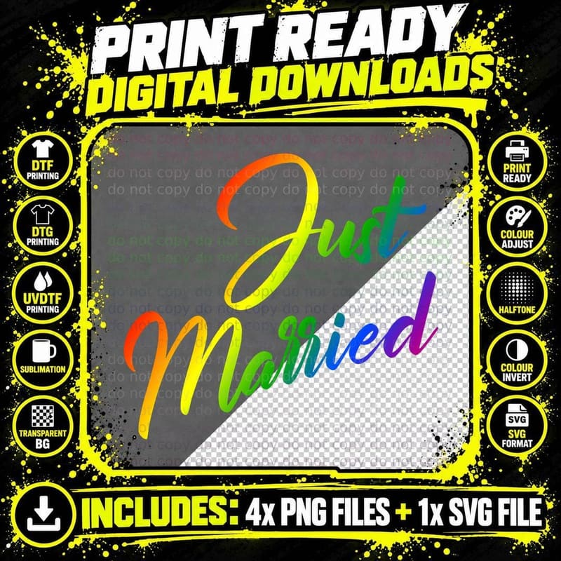 Just Married Gay Pride Rainbow Color Flag LGBT Graphic Png SVG Digital Bundle