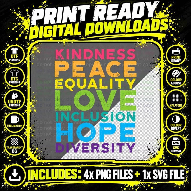 Kindness Peace Equality Rainbow Gay Black Pride LGBT Png SVG Digital Bundle