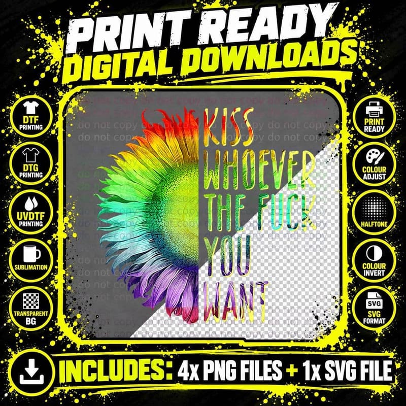 Kiss Whoever the F You Want Rainbow LGBT Pride Png SVG Digital Bundle