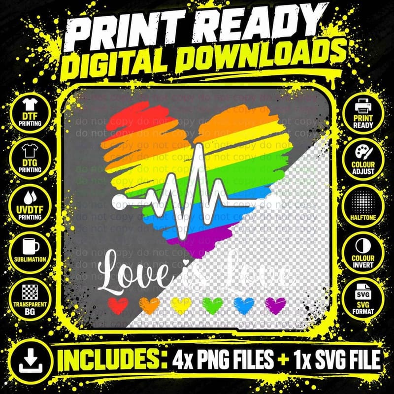 LGBT Gay Pride Heartbeat Lesbian Gays Love Sexy Rainbow Png SVG Digital Bundle