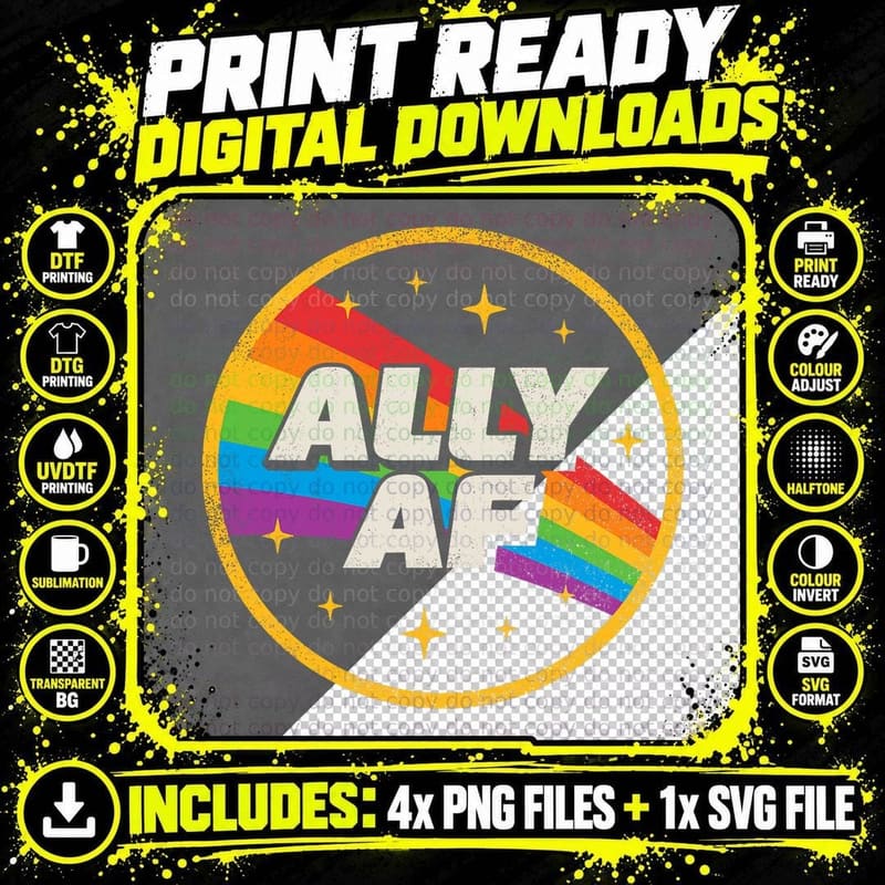 LGBTQ Ally AF Lesbian Gay Pride LGBT Rainbow Retro Png SVG Digital Bundle